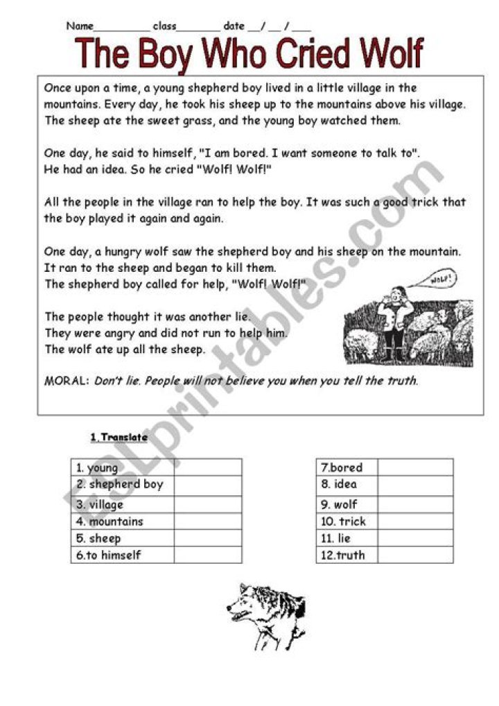 “The Boy Who Cried Wolf” moralist Word Hike – Answers