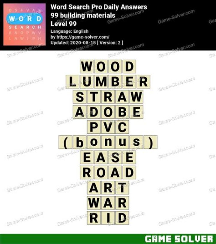 Word Search Pro 99 building materials Answers • Game Solver